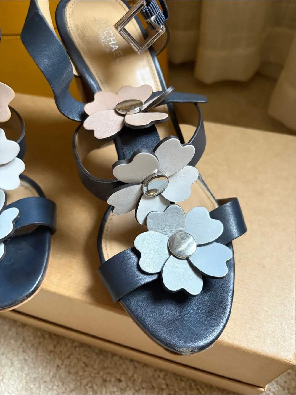 Michael Kors Navy Leather Floral Strappy Slingback Sandals